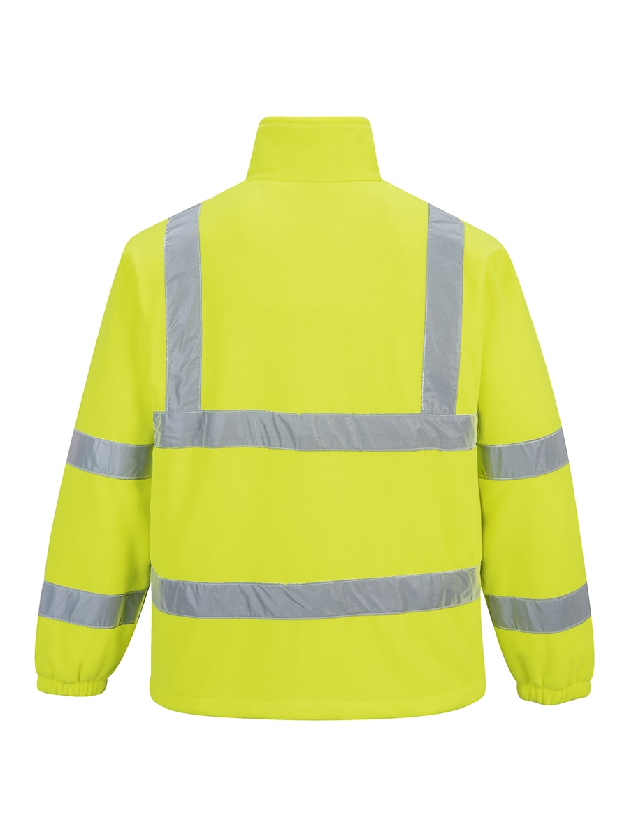 Warnschutz-Fleecejacke Neon-Gelb von hinten mit Reflexstreifen über Rücken und Ärmeln