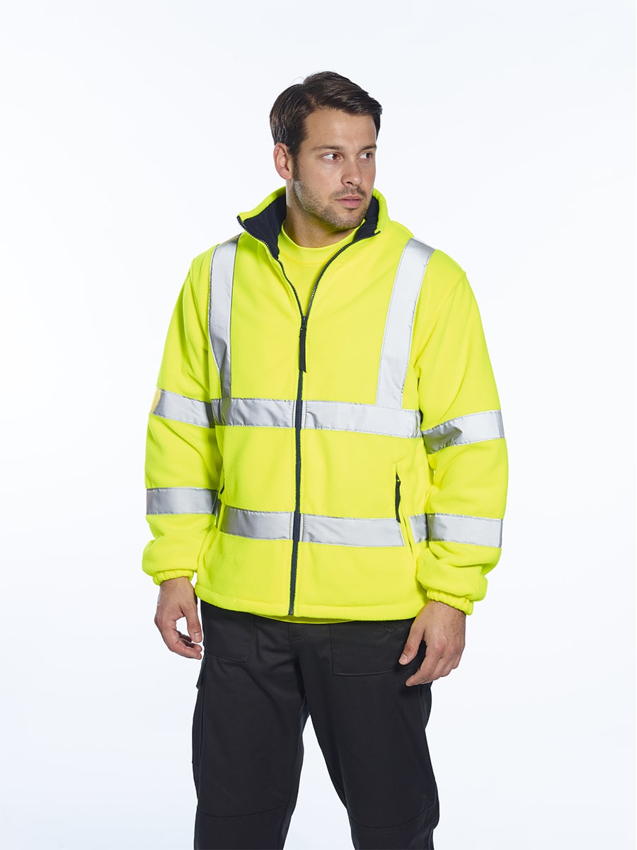 Warnschutz-Fleecejacke Neon-Gelb mit Kapuze, durchgehendem Reißverschluss und breiten Reflexstreifen