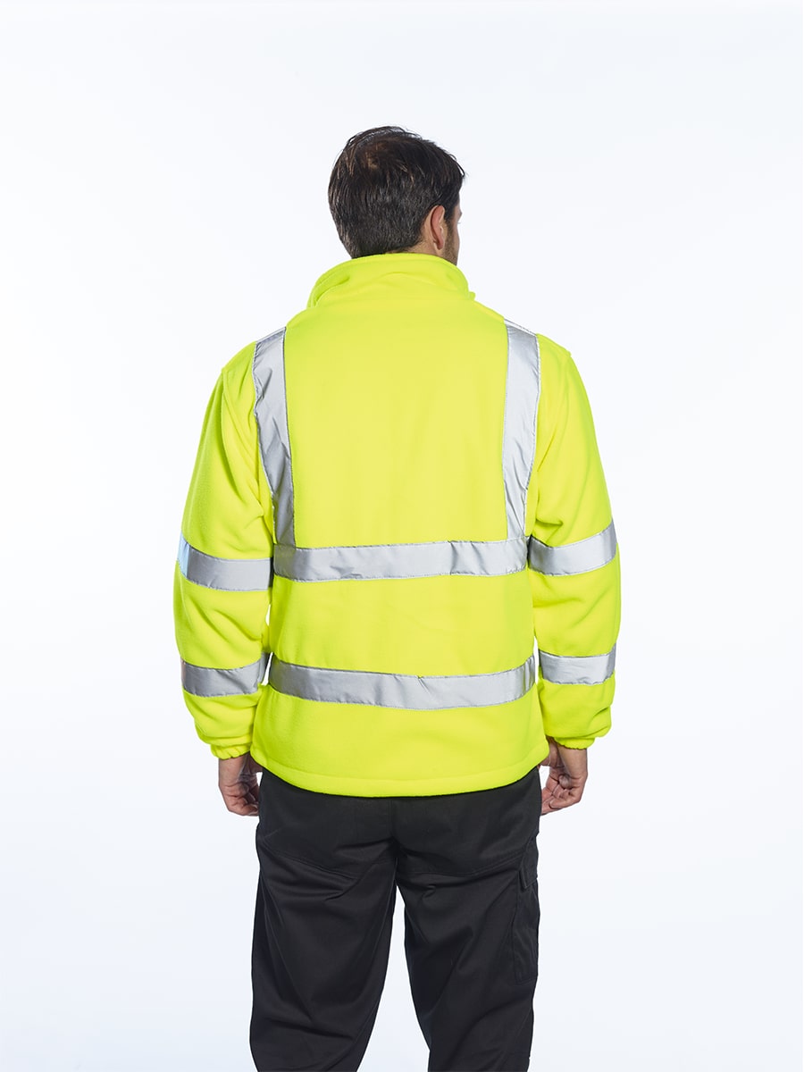 Warnschutz-Fleecejacke Neon-Gelb hinten mit breiten Reflexstreifen; Kapuze am Kragen sichtbar