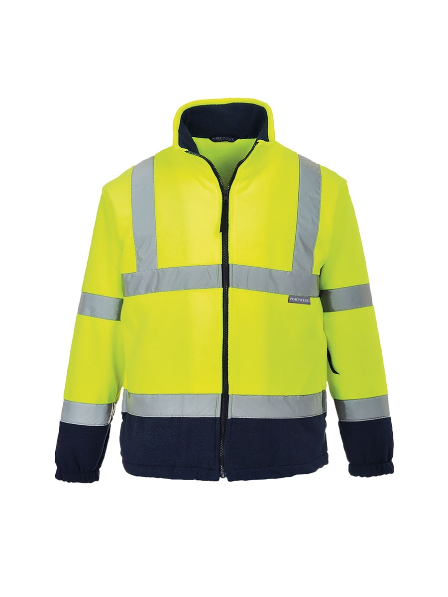 Warnschutz-Fleecejacke, gelb-dunkelblau mit reflektierenden Streifen und durchgehendem Reißverschluss