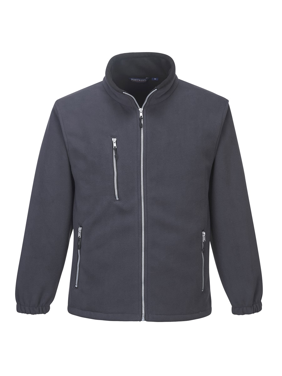 Fleecejacke mit Stehkragen, durchgehendem Reißverschluss und 2 Brusttaschen, dunkelgrau