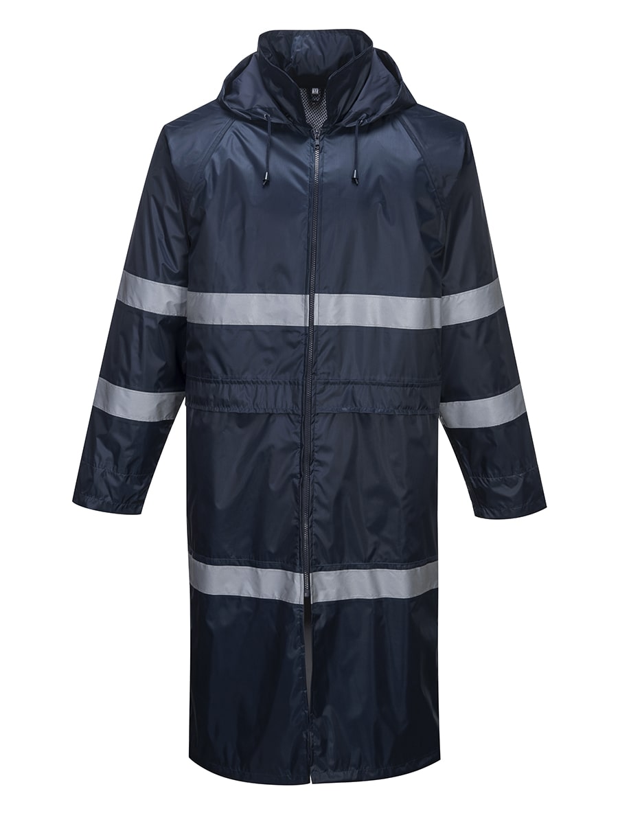 Portwest Regenmantel F438 marineblau mit Kapuze, durchgehendem Reißverschluss und reflektierenden Streifen