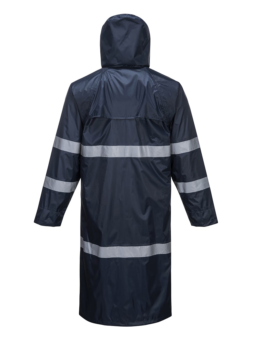 Portwest Regenmantel F438 marineblau mit Kapuze, reflektierenden Streifen über Rücken und Ärmel