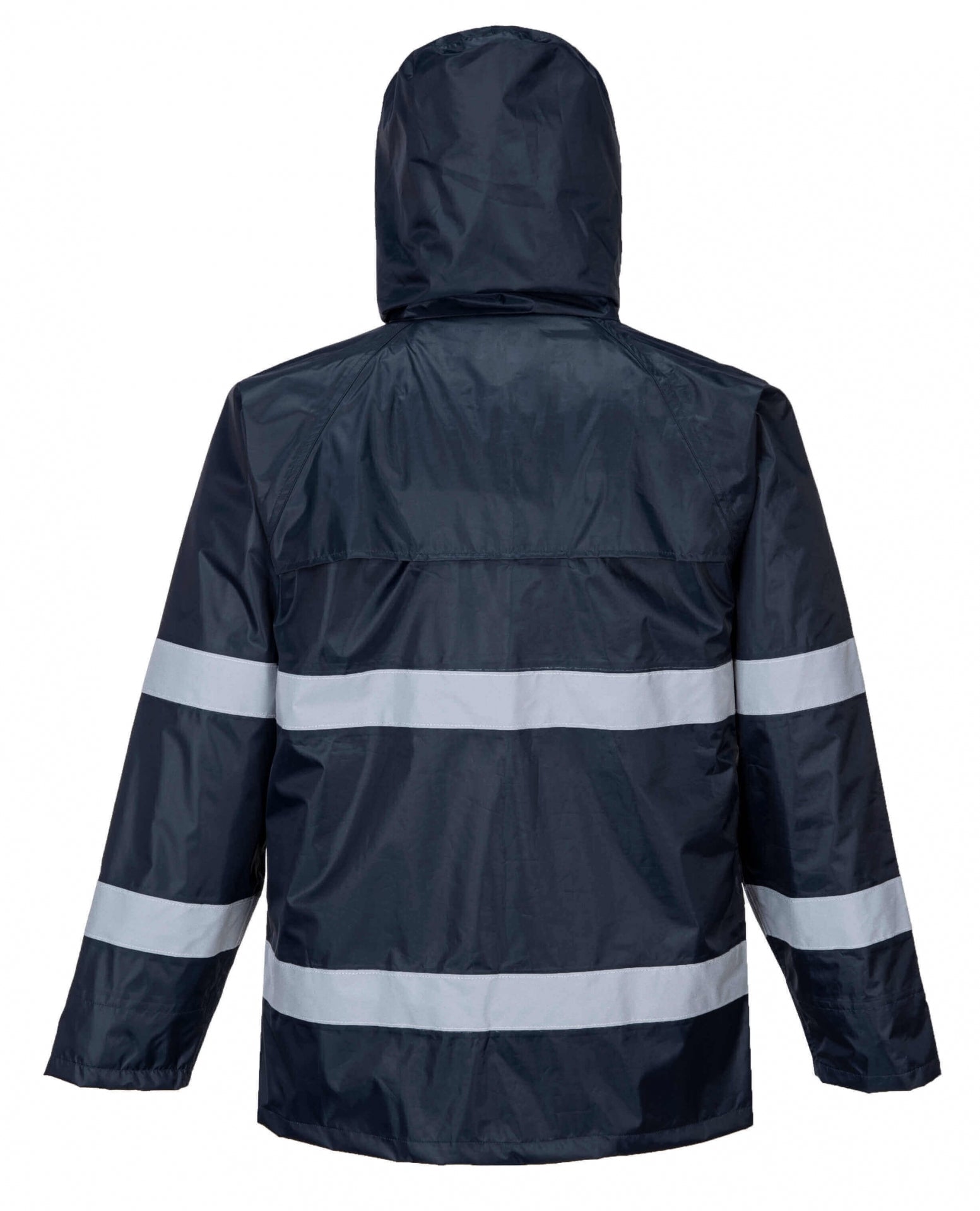 Portwest Iona Regenjacke, Rückansicht mit Kapuze, dunkelblau und reflektierenden Bändern