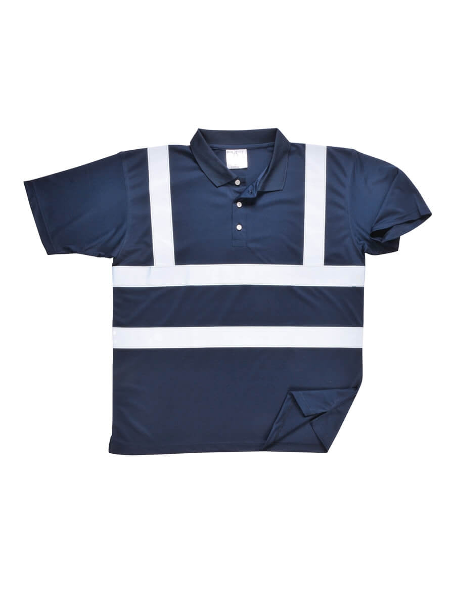 Warnschutz-Poloshirt marineblau mit zwei breiten Reflektorstreifen und Knopfleiste