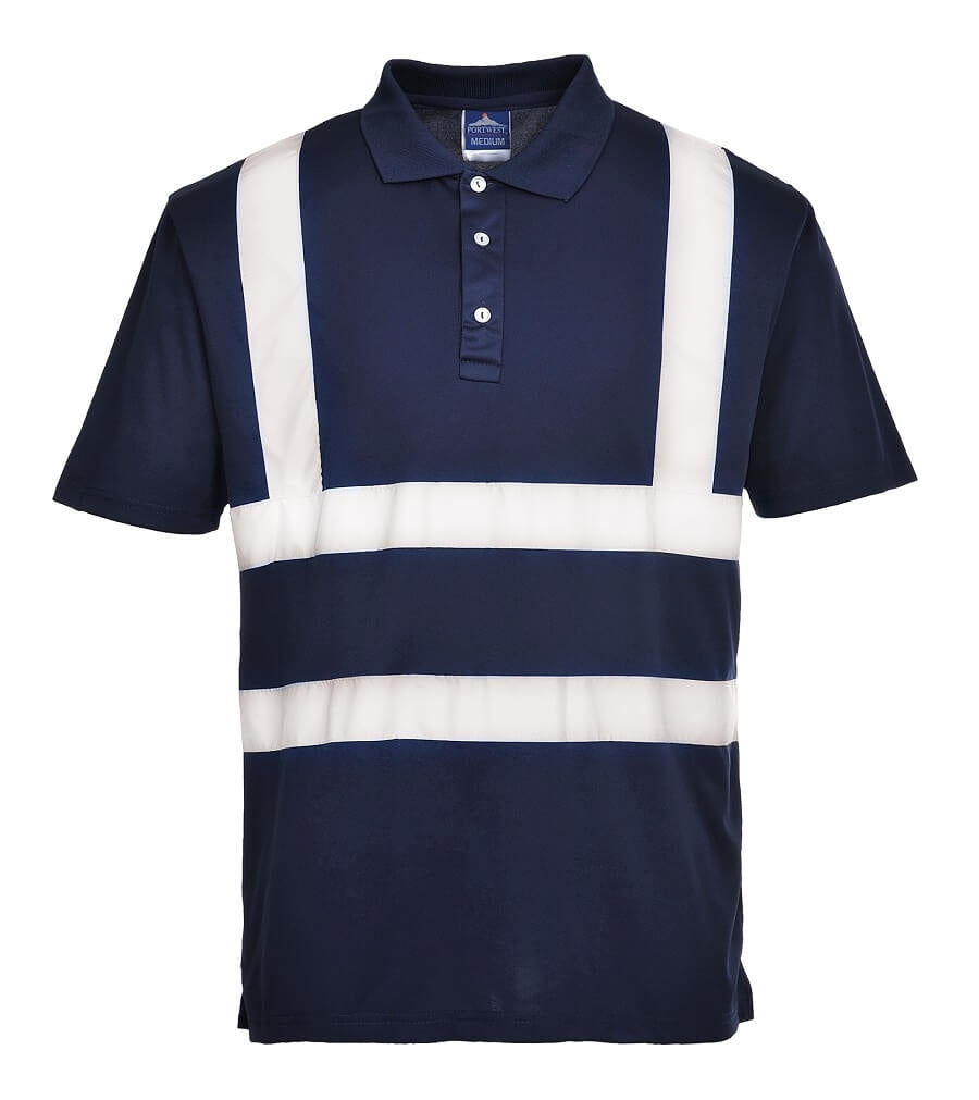 Warnschutz-Poloshirt marinefarben mit breiten Reflektorstreifen und Knopfleiste am Kragen