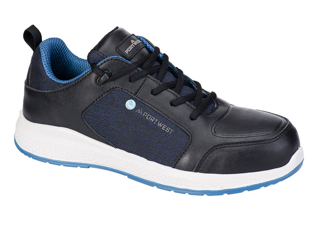 Dunkler Sneaker mit blauen Einsätzen, Schnürung und gepolsterter Manschette