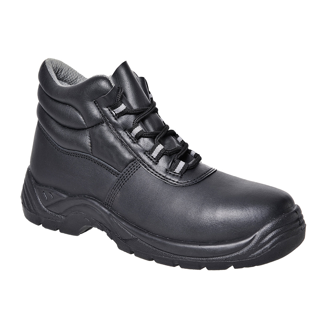 Sicherheitsstiefel aus dunklem Leder mit Schnürung, gepolstertem Schaft und Profilsohle