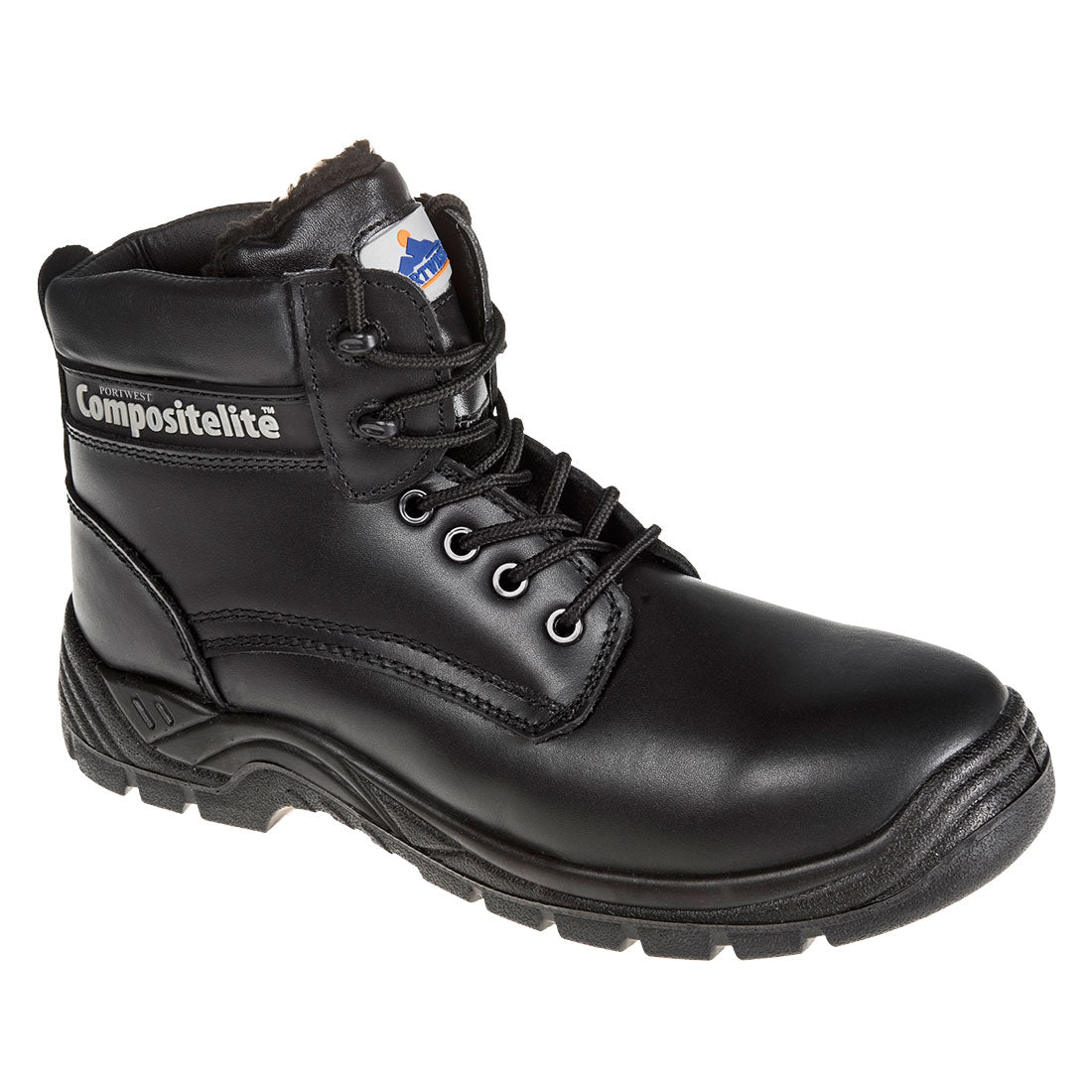Schwarzer Stiefel mit Schnürung und Fellfutter, robuste Profilsohle