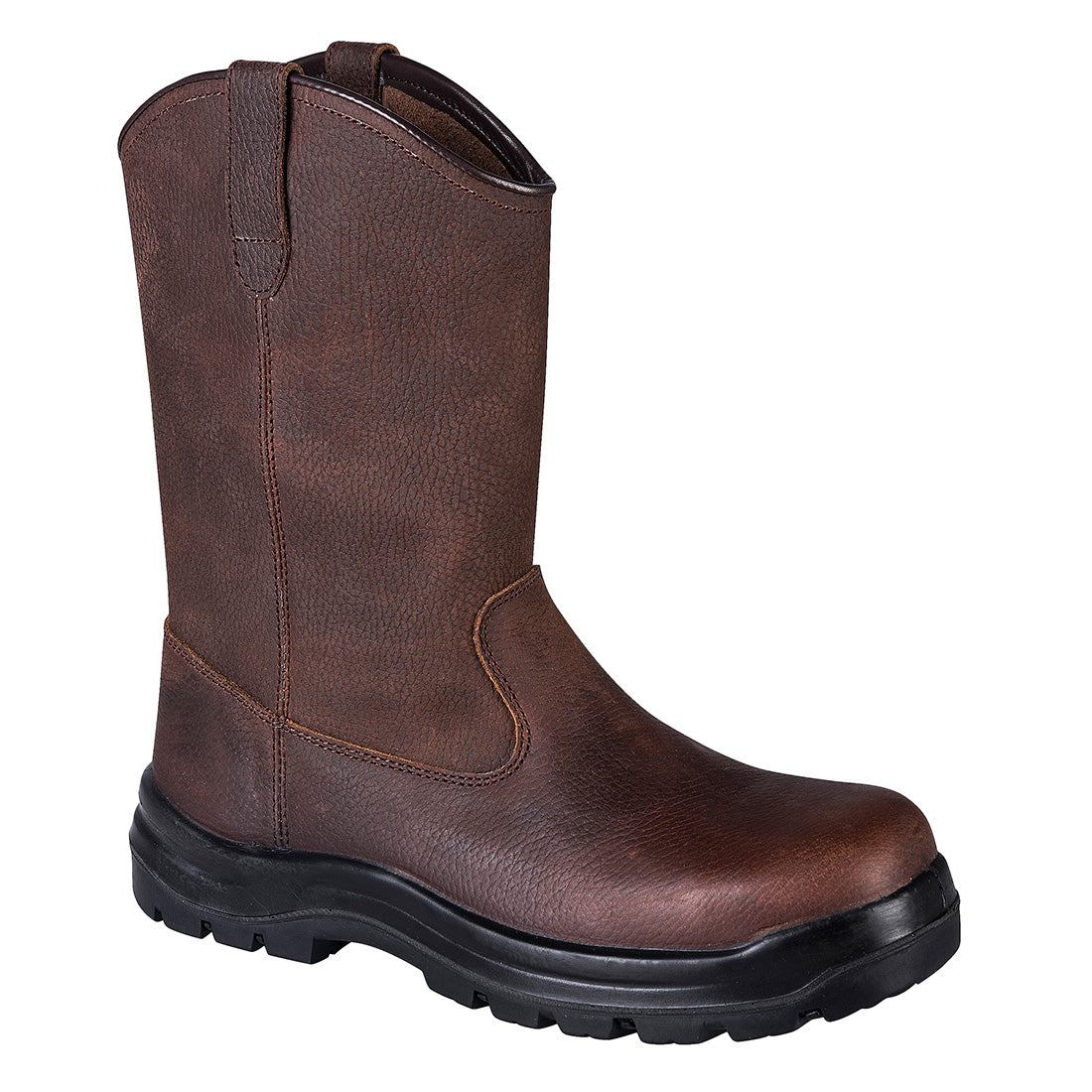 Brauner Sicherheitsstiefel aus Leder mit seitlicher Naht und Profilsohle, gepolstertem Schaft
