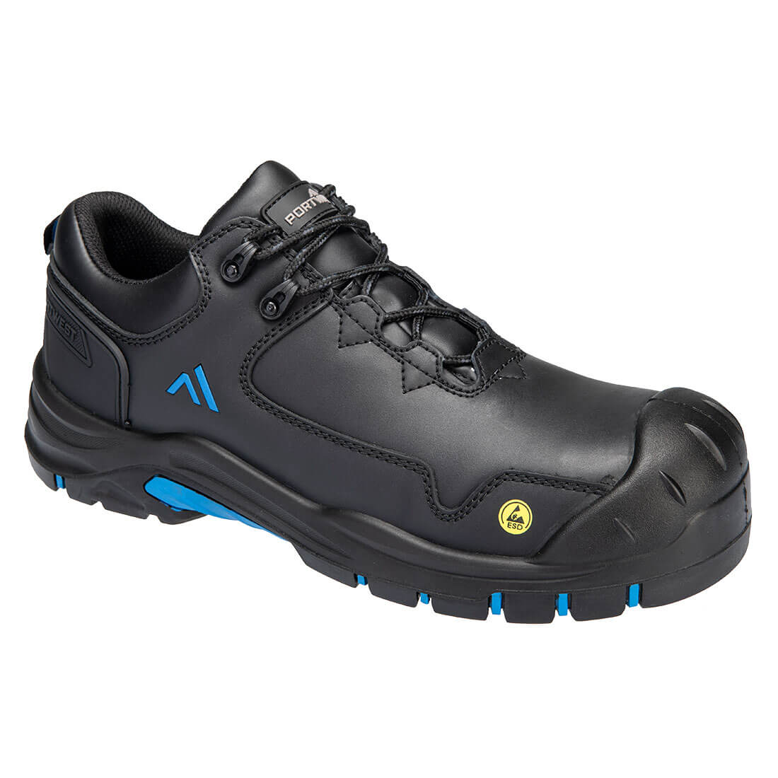 Portwest Sicherheits-Halbschuh mit Schnürung, schwarz-graues Obermaterial, blaue Akzente, Profilsohle