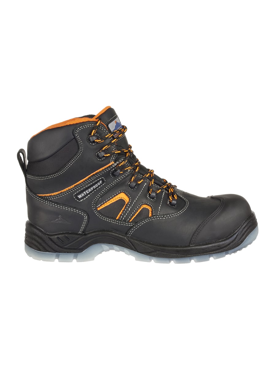 Sicherheitsstiefel S3 dunkelgrau mit orange Akzenten, Schnürung und Profilsohle