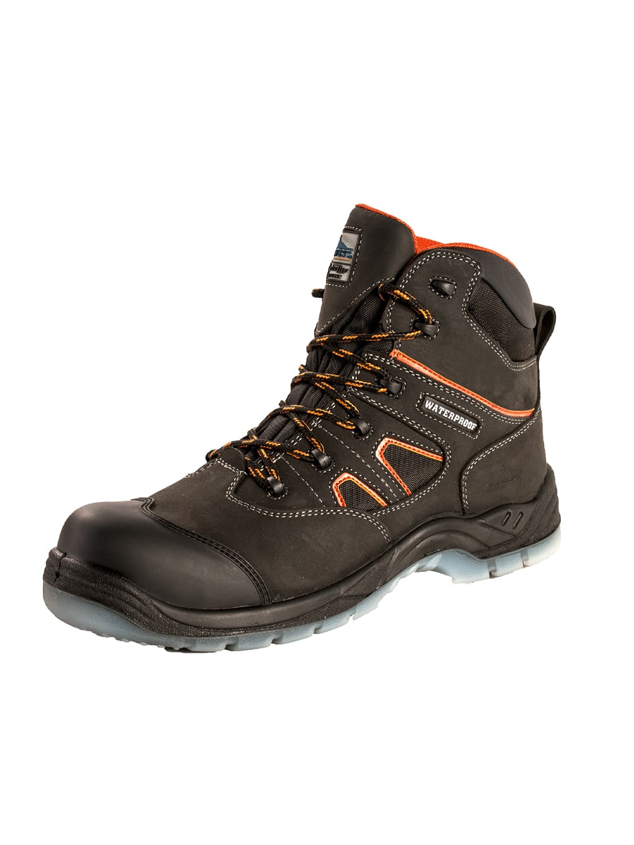 Sicherheits-Allwetterstiefel S3 dunkelbraun mit orange Zierlinie, Schnürung und Profilsohle