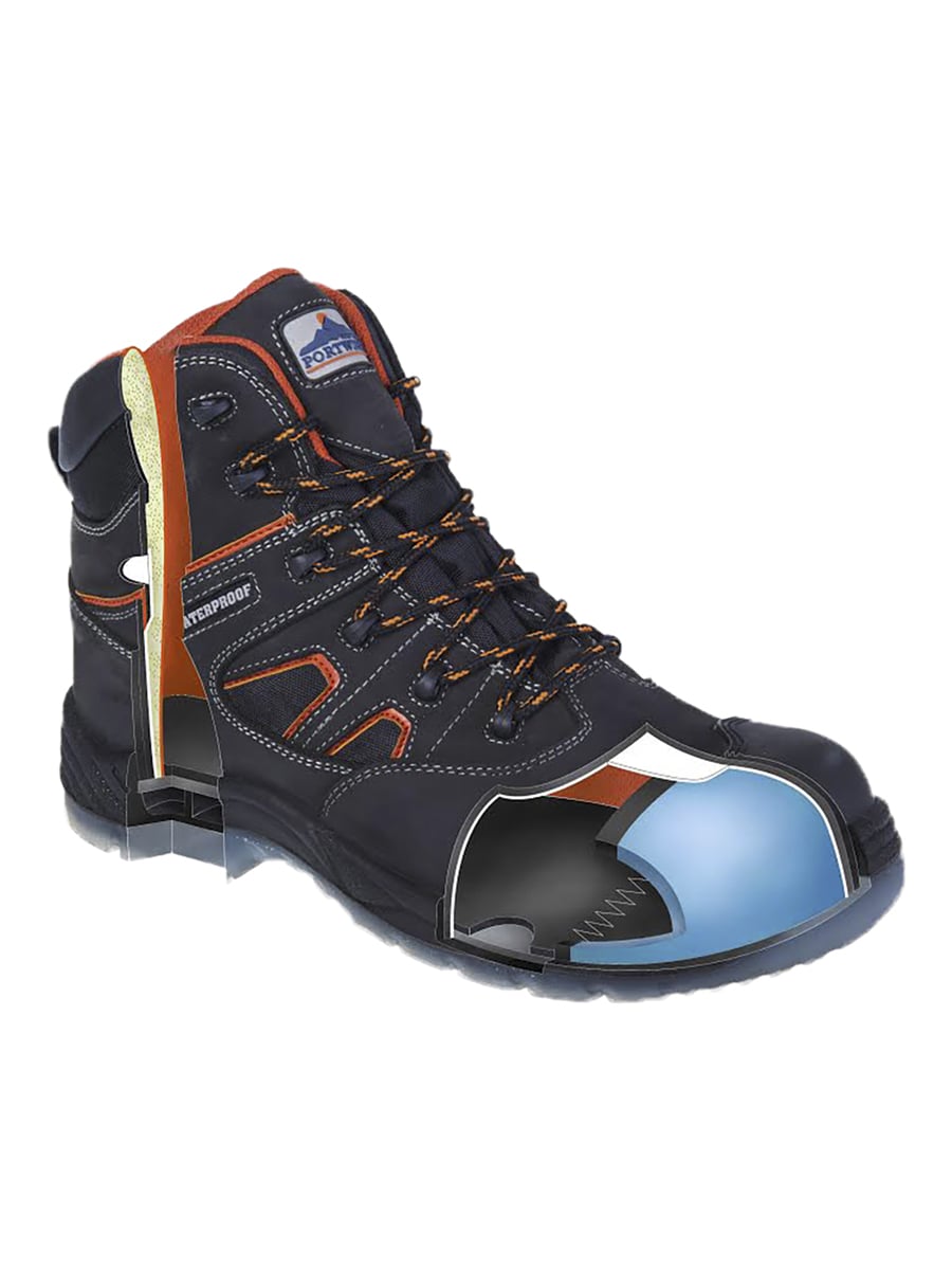 Sicherheitsstiefel S3 dunkelgrau mit orange Ziernähten, Schutzkappe und Profilsohle