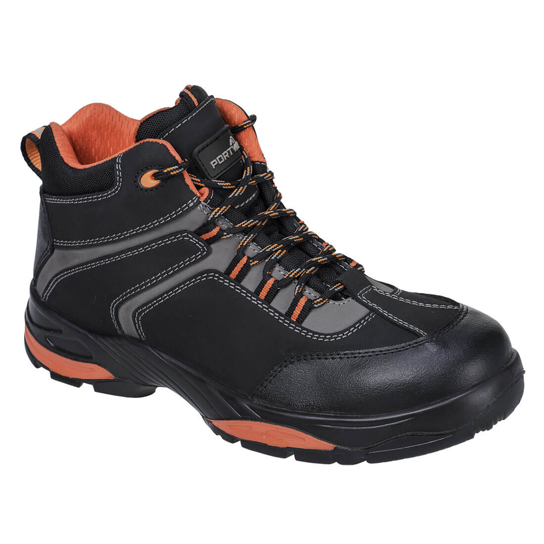 Schwarzer Sicherheitsstiefel PORTWEST mit Schnürung und orangefarbenen Zierelementen