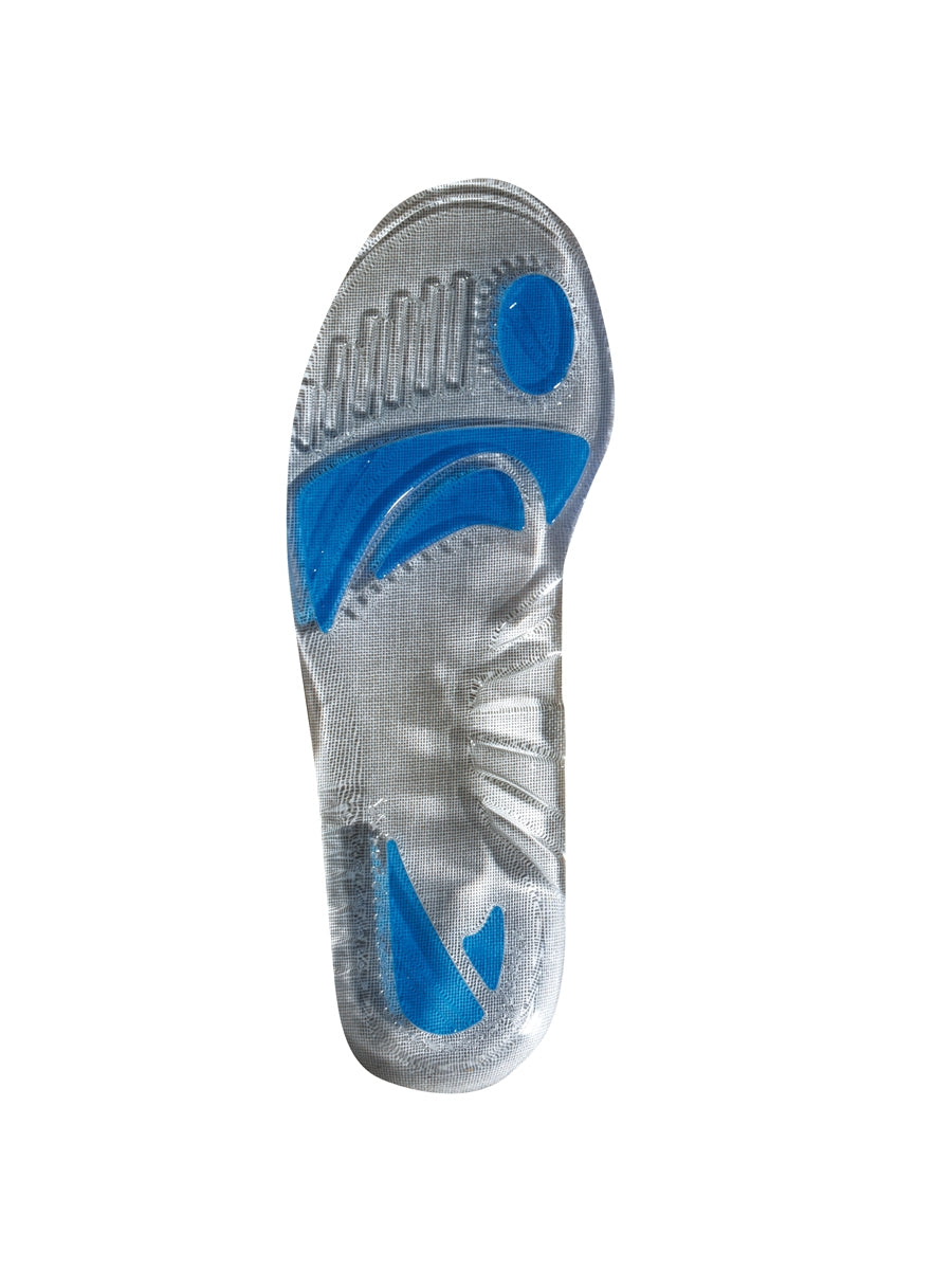 Gel-gepolsterte Einlegesohle, silbergrau mit blauen Gel-Einsätzen, Vorderseite