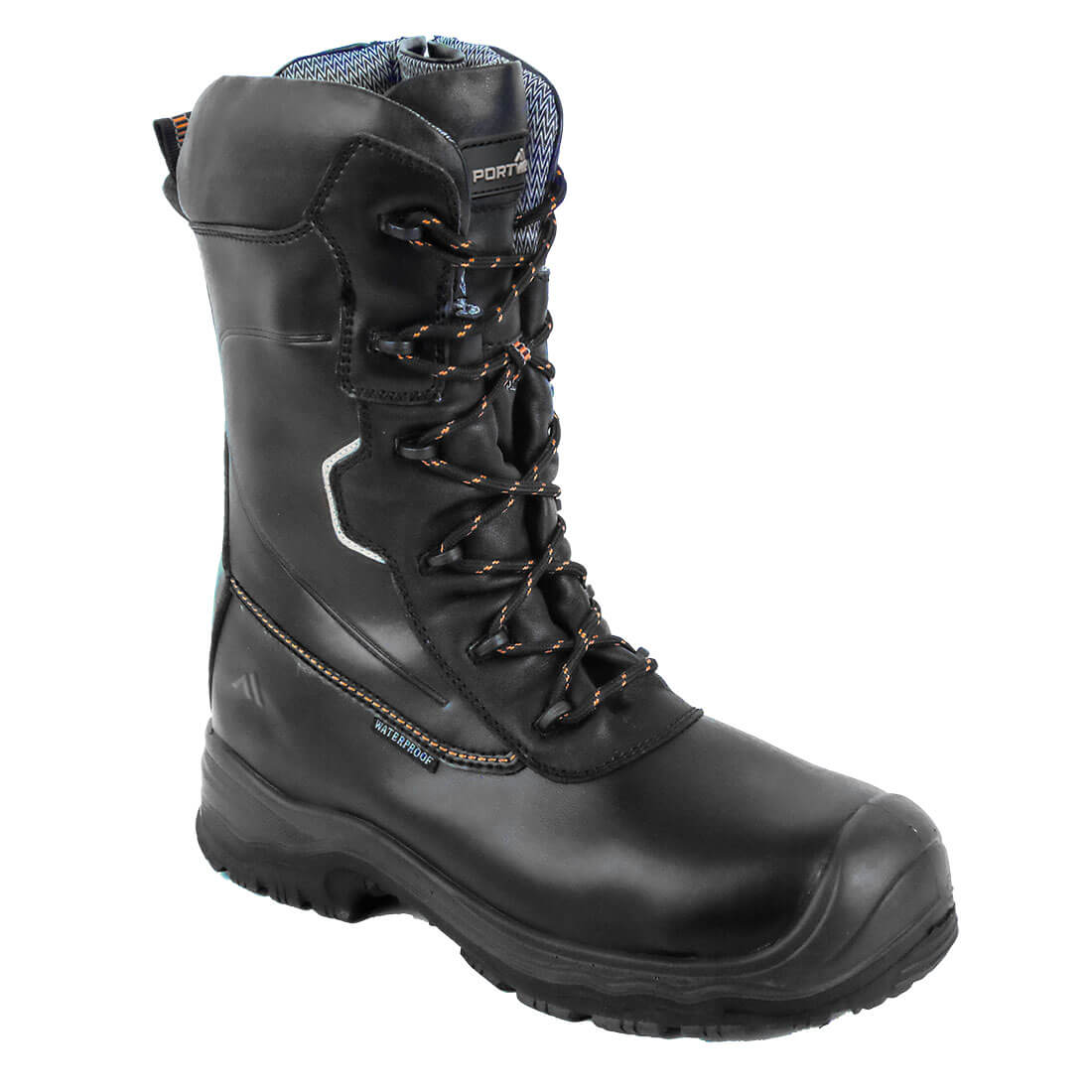 Portwest Sicherheitsstiefel, schwarzes Obermaterial, Schnürung, gepolsterter Schaft, Profilsohle