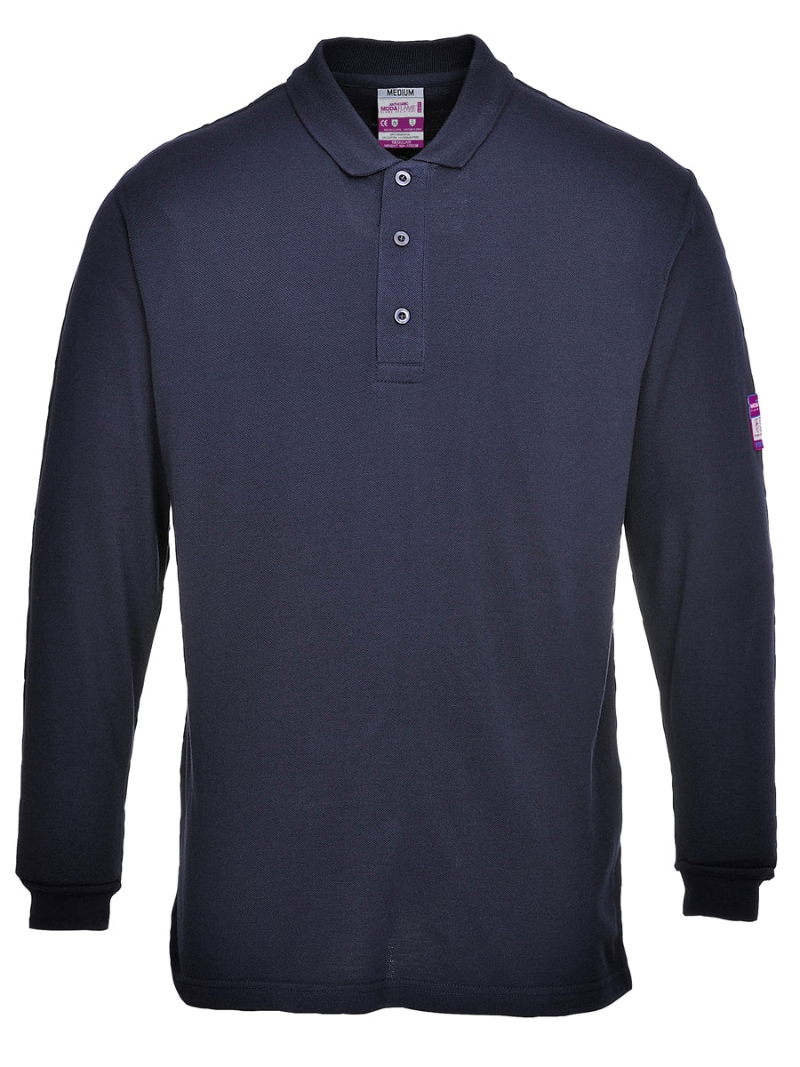 Flammhemmendes Langarm-Poloshirt, dunkelblau, Knopfleiste und Kragen