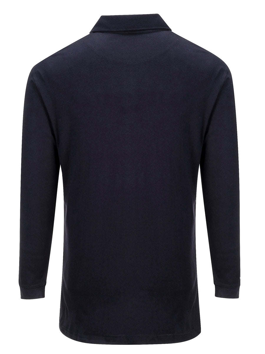 Flammhemmendes Langarm-Poloshirt, dunkelblau, Rückansicht mit Ärmelbündchen
