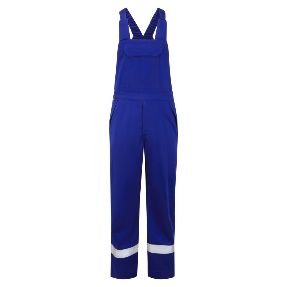 Flammhemmende Latzhose in Blau mit Trägern und reflektierenden Beinbändern, Frontansicht