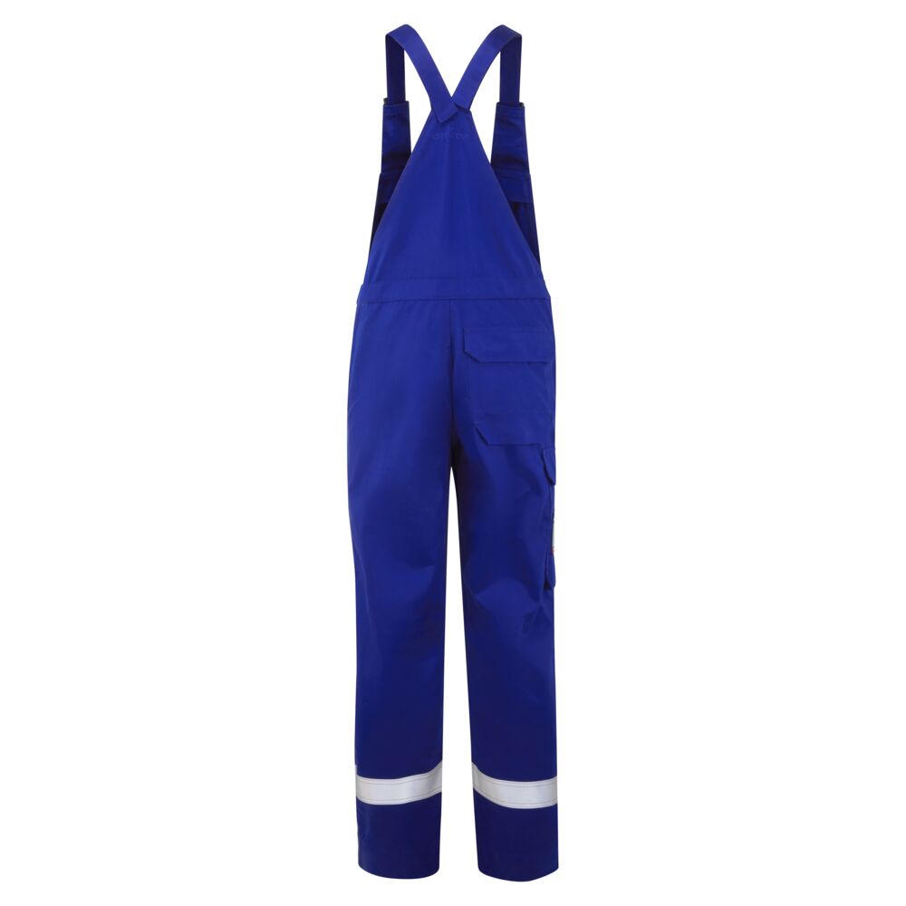 Flammhemmende Latzhose in Blau mit seitlicher Tasche und reflektierenden Beinbändern