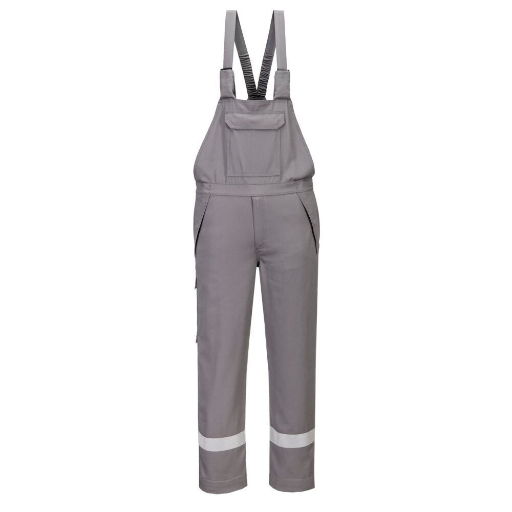 FR-Latzhose in Grau mit Trägern, Brusttasche und reflektierenden Streifen