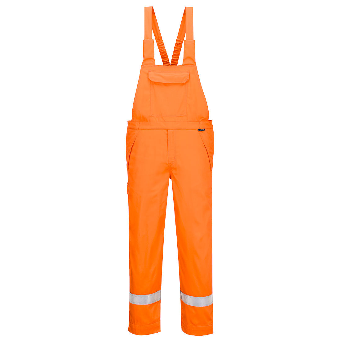 Flammhemmende Latzhose in Orange mit breiten Reflexstreifen und Trägern