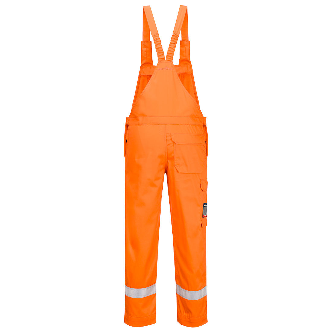 Orange Latzhose mit Reflexstreifen, seitlichen Taschen und verstellbaren Trägern