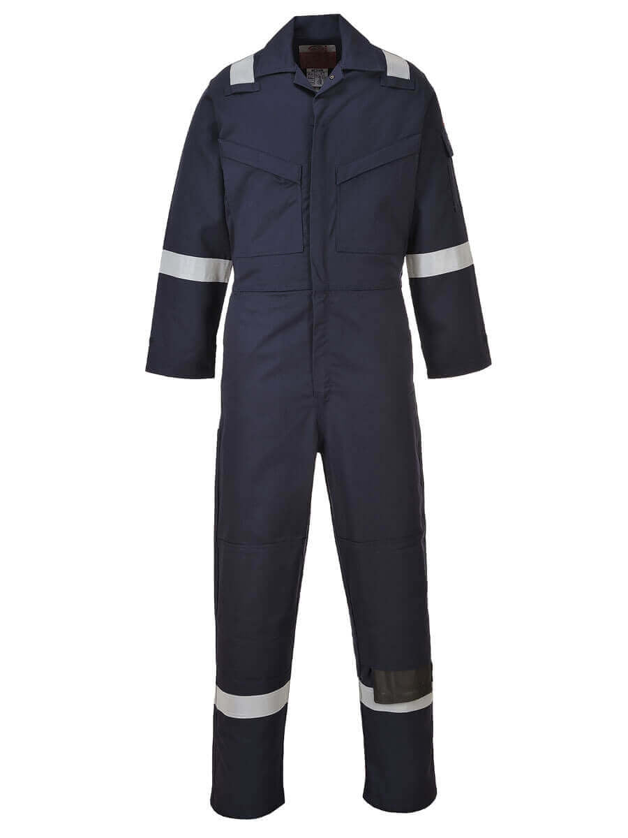 Flammhemmender Overall dunkelblau mit reflektierenden Streifen, Frontreißverschluss, lange Beine
