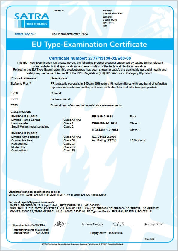 SATRA Type-Examination-Zertifikat (blau) für flammhemmenden antistatischen Overall, FR50