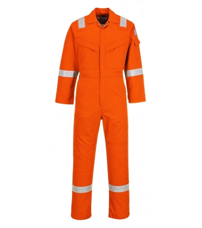 Orangefarbener flammhemmender Overall mit reflektierenden Streifen, Reißverschlussblende und Taschen