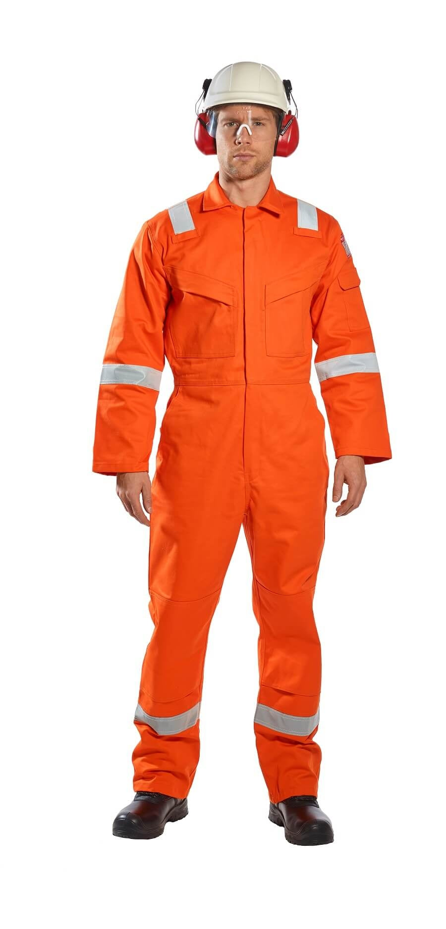 Orangefarbener Overall mit reflektierender Mittelbahn und Taschen, schmaler Reißverschluss vorne
