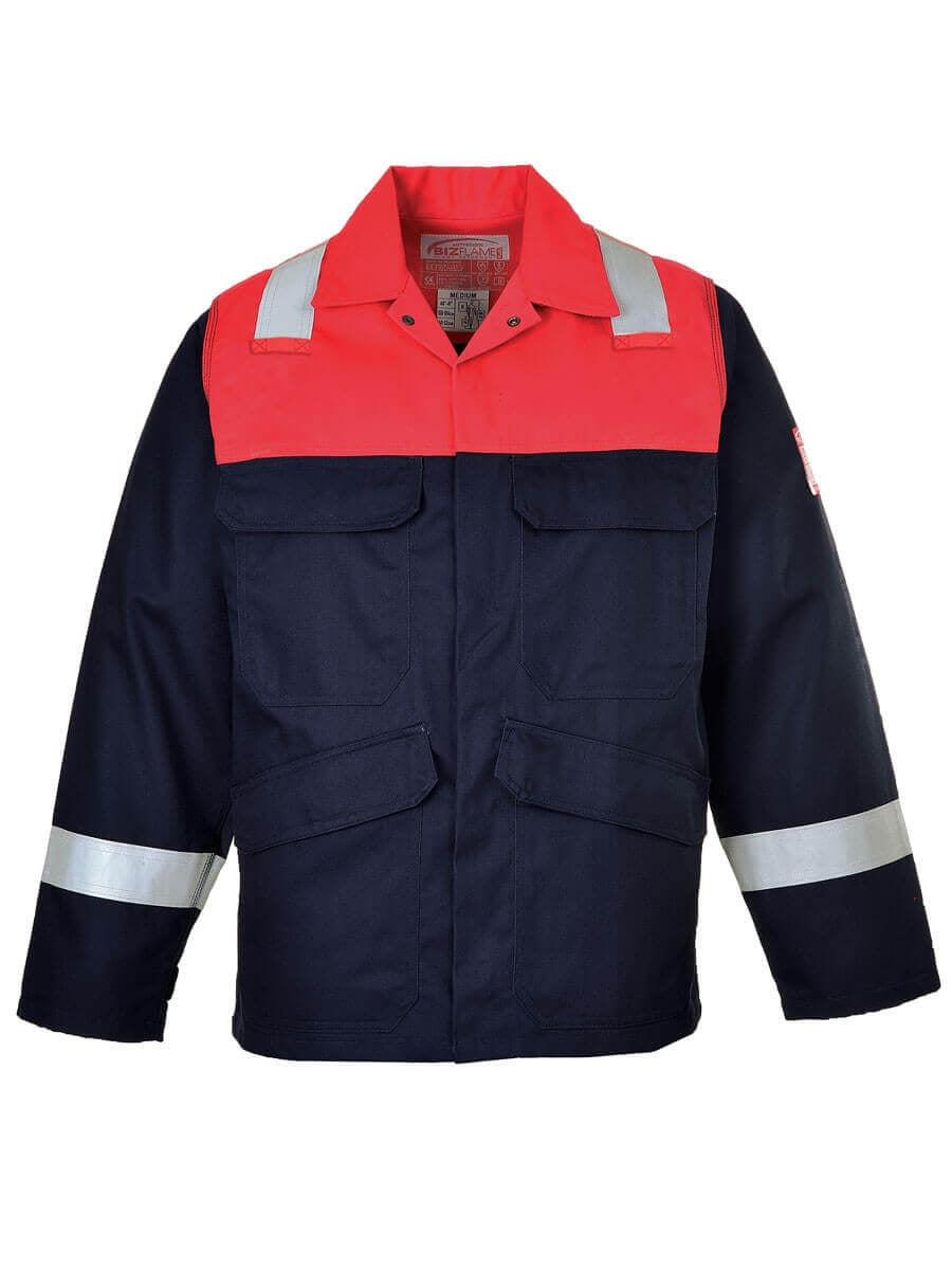 Flammschutzjacke mit Stehkragen, marinefarben und leuchtrot, breite Reflexstreifen an den Ärmeln