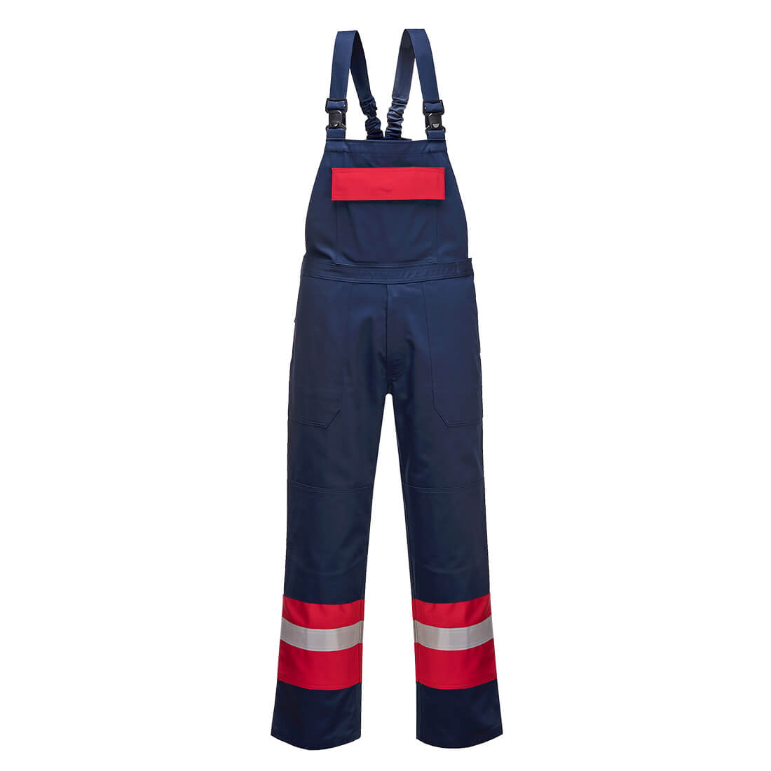 Marineblaue Latzhose mit Trägern, roten und silbernen Reflexstreifen an den Beinen