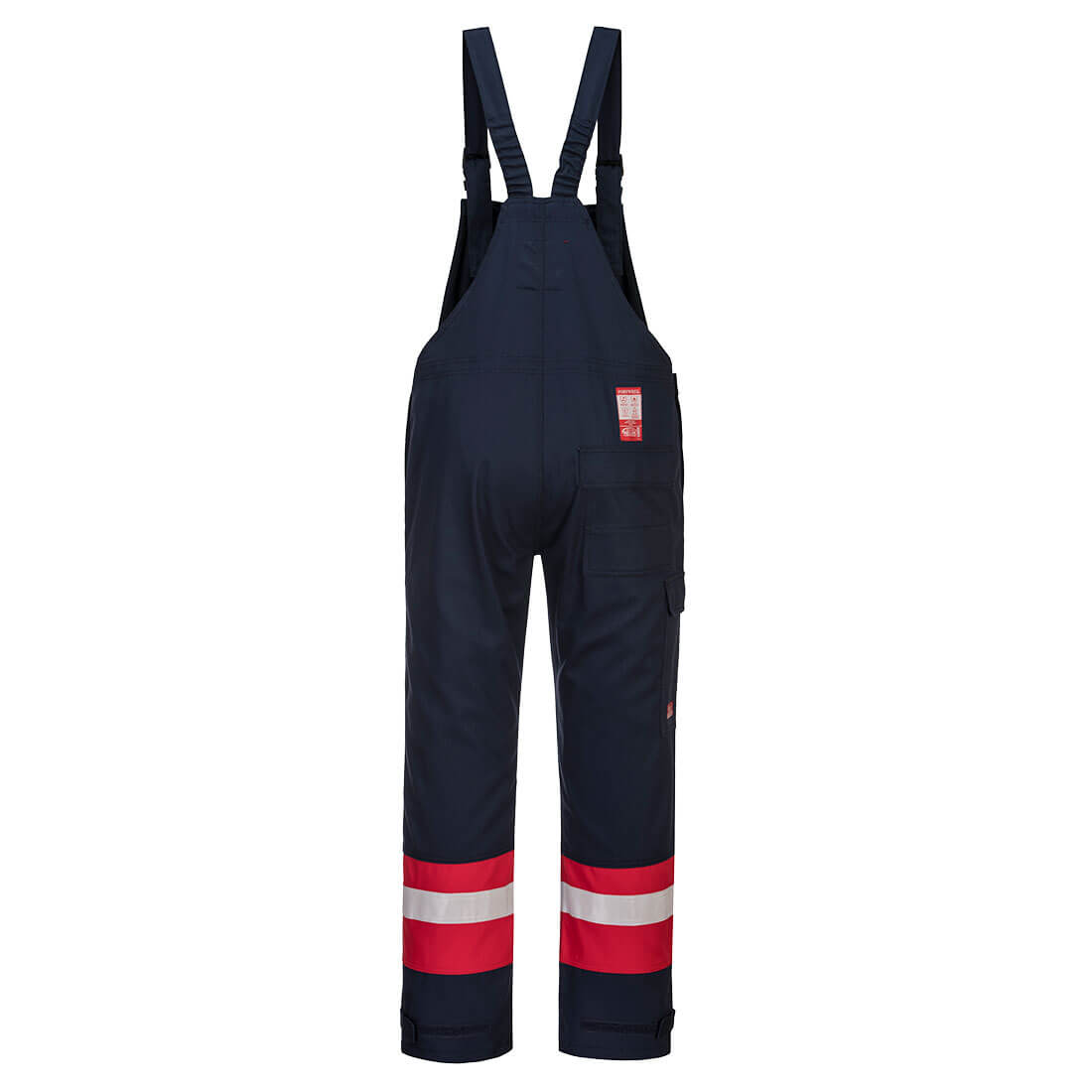 Dunkelblaue Latzhose mit Trägern, Reflexstreifen und mehreren Taschen