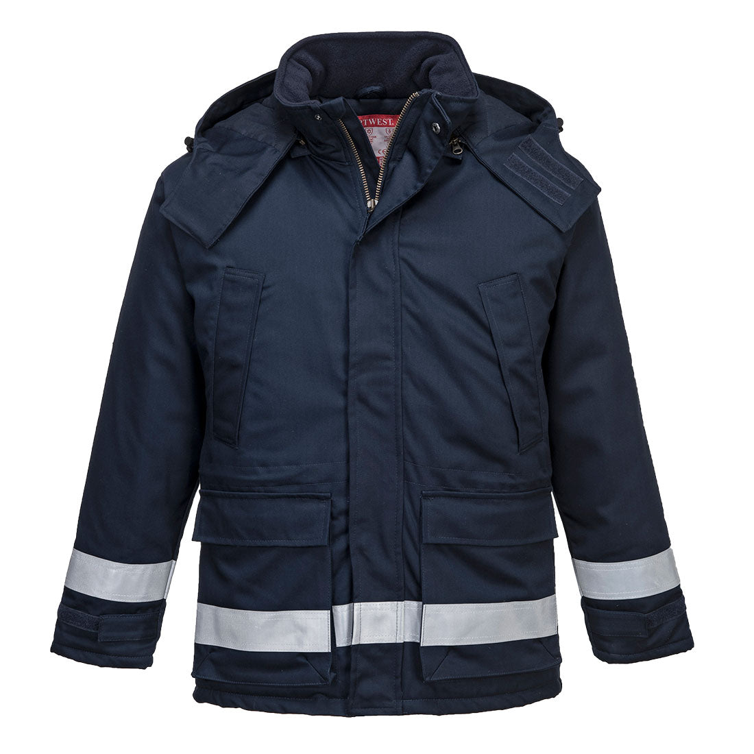 Marinefarbene Winterjacke mit Kapuze, durchgehendem Reißverschluss und Reflexstreifen