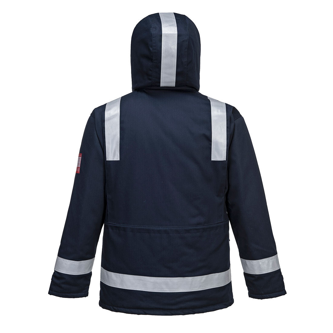 Marinefarbene Winterjacke mit Kapuze, Rückenansicht mit Reflexstreifen