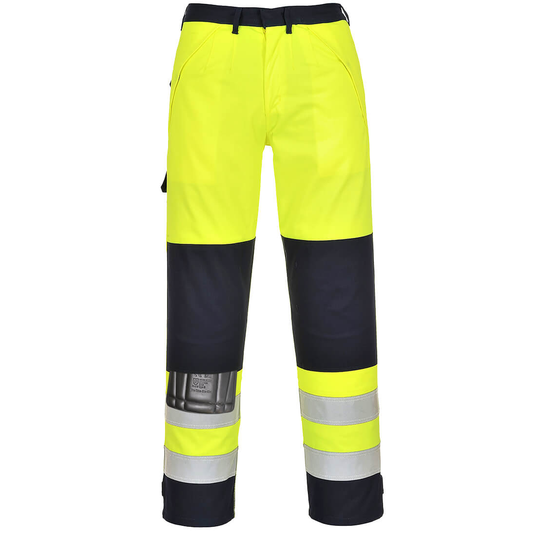 Warnschutzhose FR62 von Portwest, gelb-marine, mit breiten Reflexstreifen am Bein