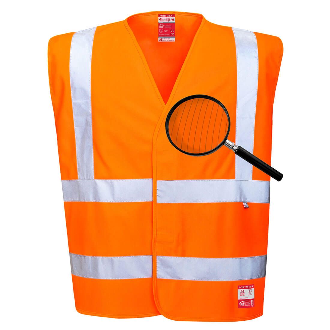 Orange Warnschutzweste mit breiten Reflexstreifen und Vordertaschen, ärmellos