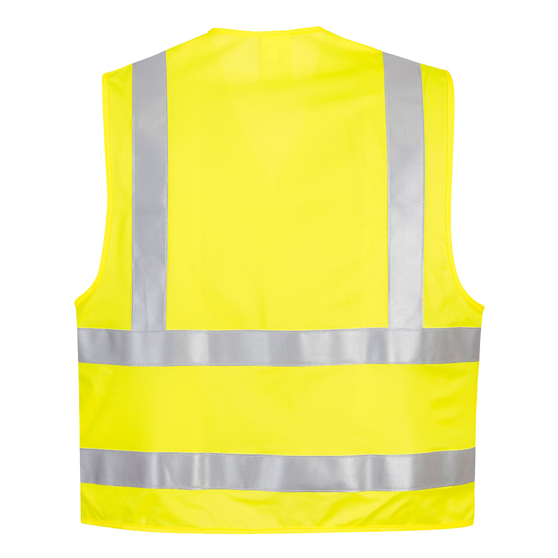 Warnschutz-Weste gelb mit silbernen Reflexstreifen, flammhemmend, ärmellos, hinten