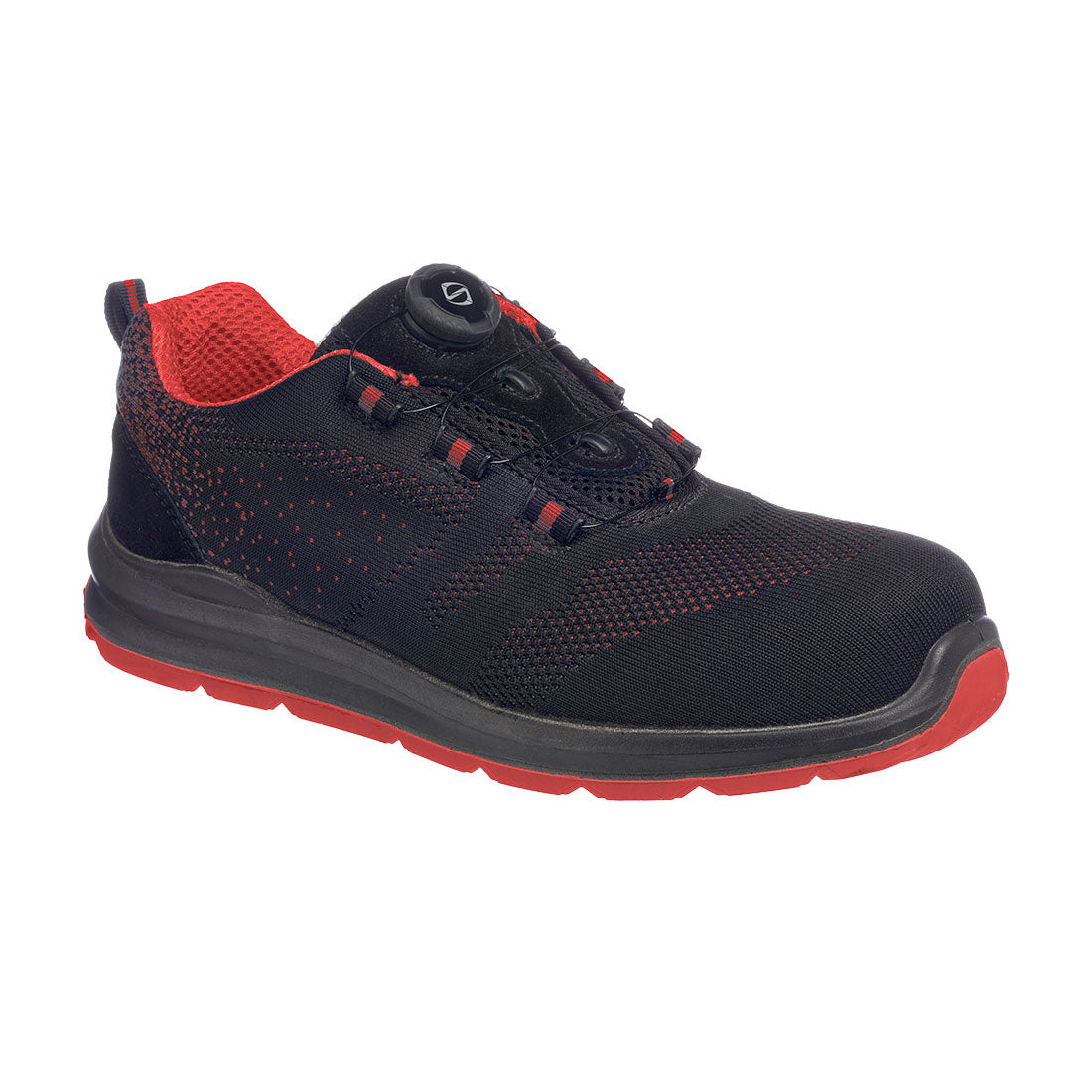 Sicherheitshalbschuh mit Schnürung, dunkles Mesh, rote Akzente, Profilsohle