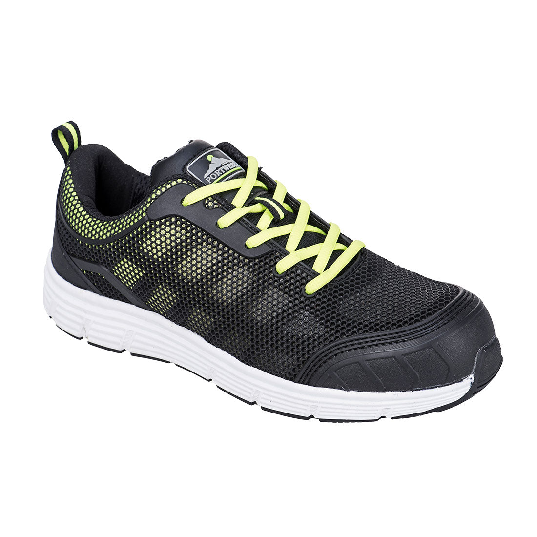 Steelite Tove Trainer: schwarzer Mesh-Schuh mit neon-grünen Schnürsenkeln und weißer Sohle
