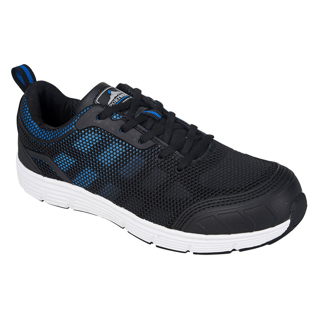 Steelite Tove S1P Trainingsschuh: schwarzer Mesh, blaue Akzente, Schnürung.