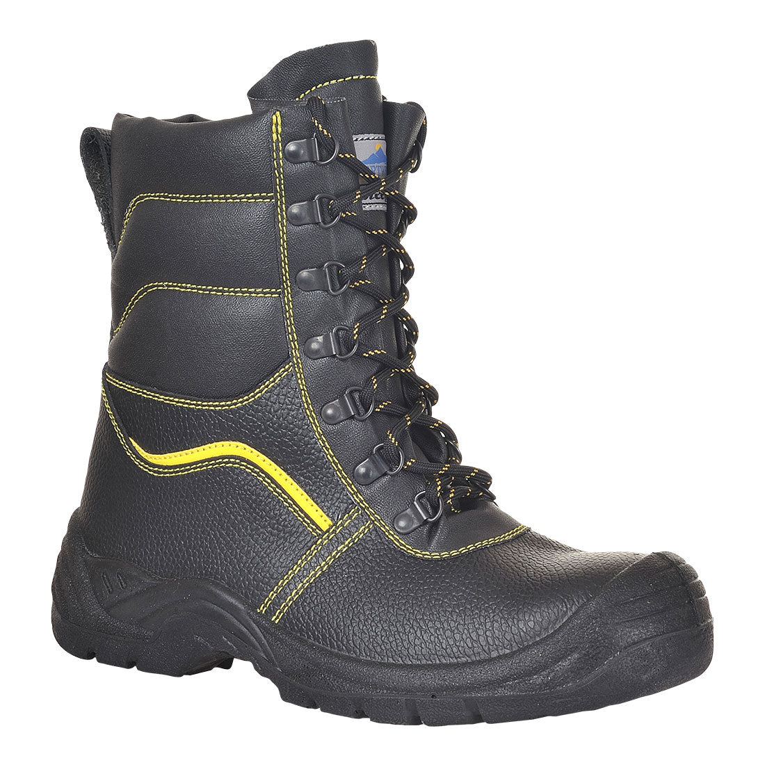 Fellgefütterter Sicherheitsstiefel, schwarzes Leder, gelbe Kontrastnähte und Schnürung