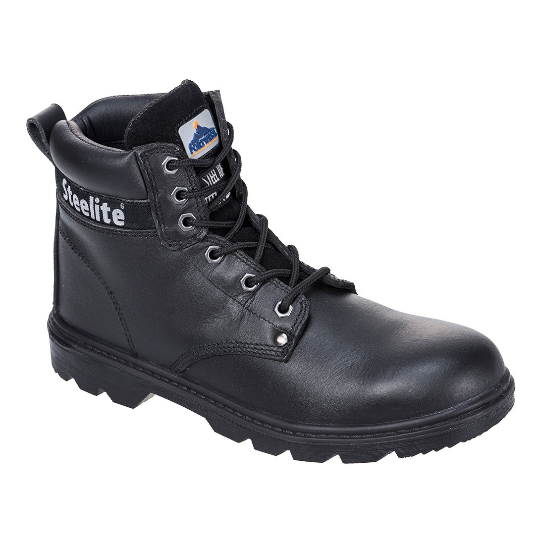 Schwarzer Sicherheitsstiefel aus Leder mit Schnürung, Profilsohle und gepolstertem Schaft