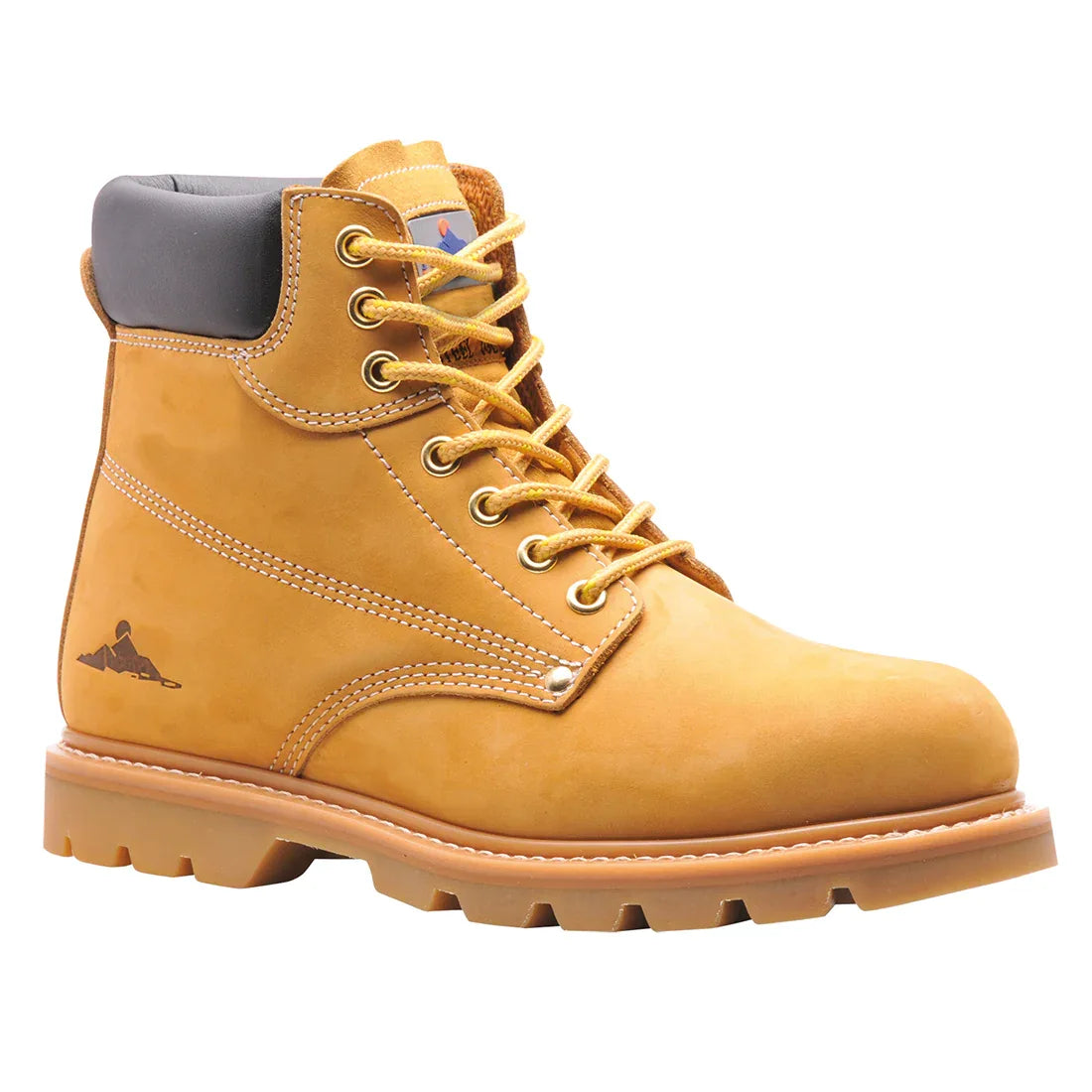 Ockerfarbener Schnürstiefel aus Leder mit grauem Schaft, gelben Schnürsenkeln und Profilsohle