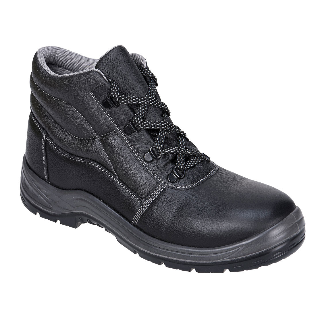 Schwarzer Sicherheitsstiefel S3, Schnürung, gepolsterter Schaft und robuste Profilsohle