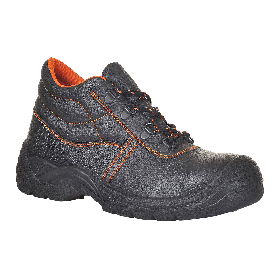 Sicherheitsstiefel aus dunklem Leder, Schnürung, orange Ziernähte und Innenfutter, robuste Sohle