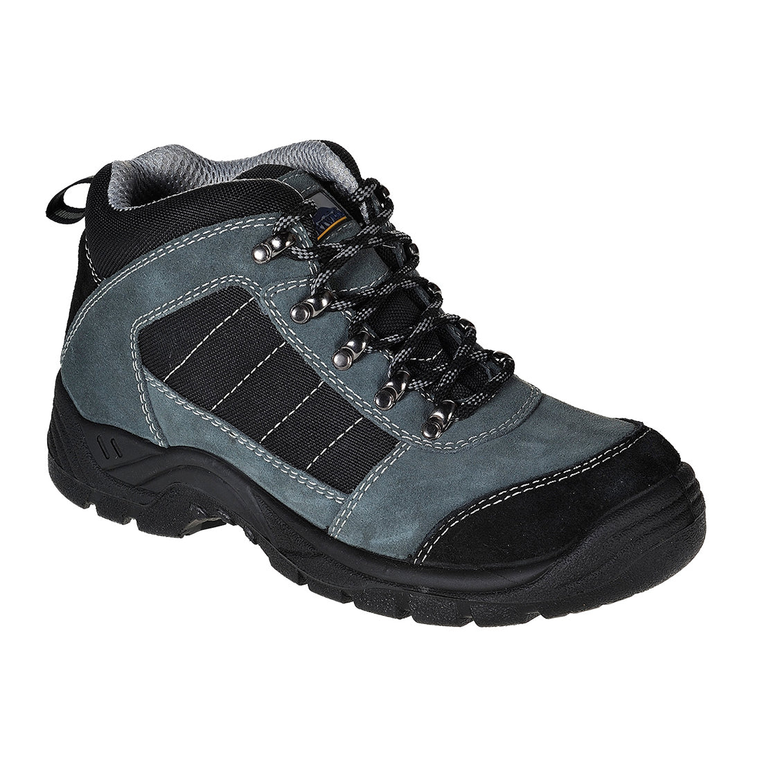 Sicherheitsstiefel S1P mit Schnürung, schwarz-grauem Obermaterial, Profilsohle und Fersen-Detail