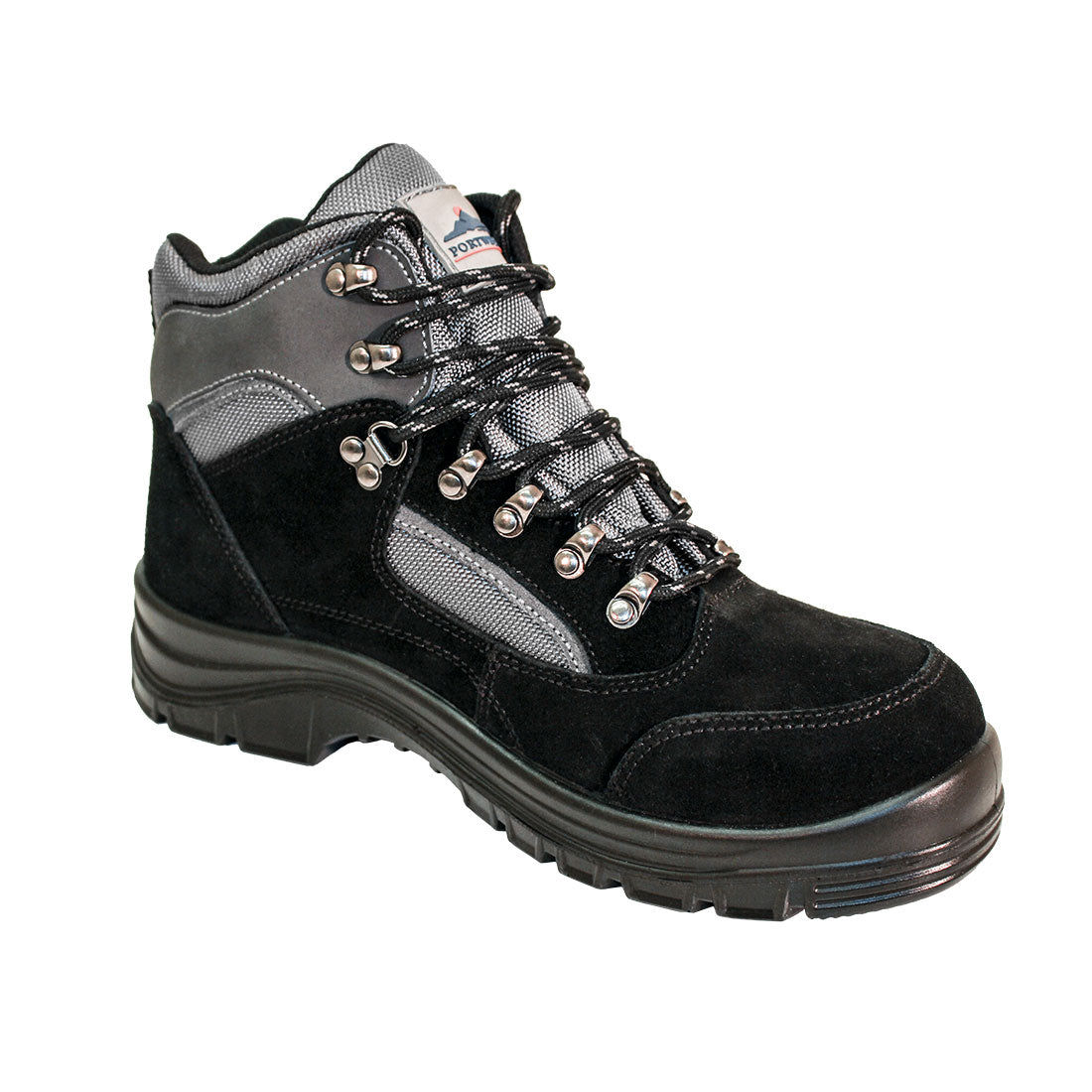 Dunkler Wanderstiefel mit Schnürung, gepolstertem Schaft und Profilsohle